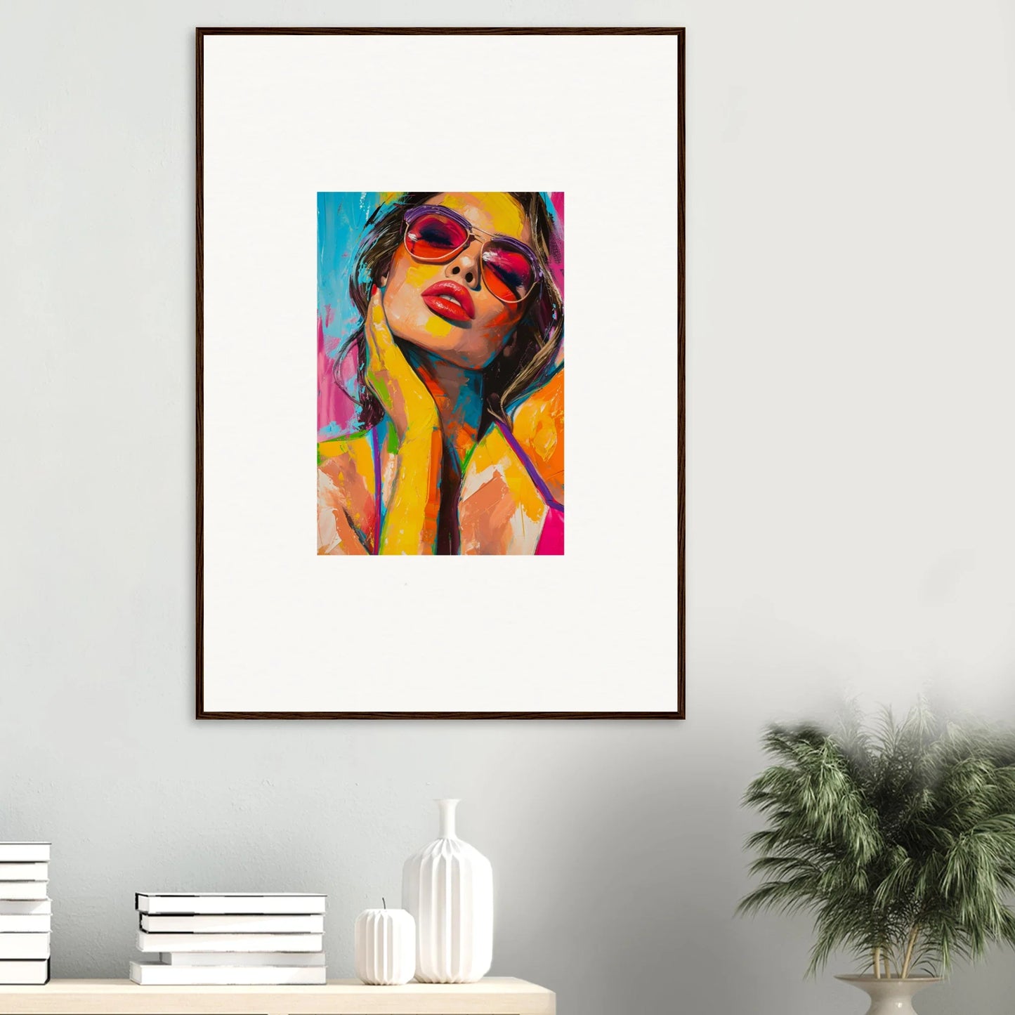 Colorful canvas print of a woman in sunglasses for trendy room decoration and mind prism vibe