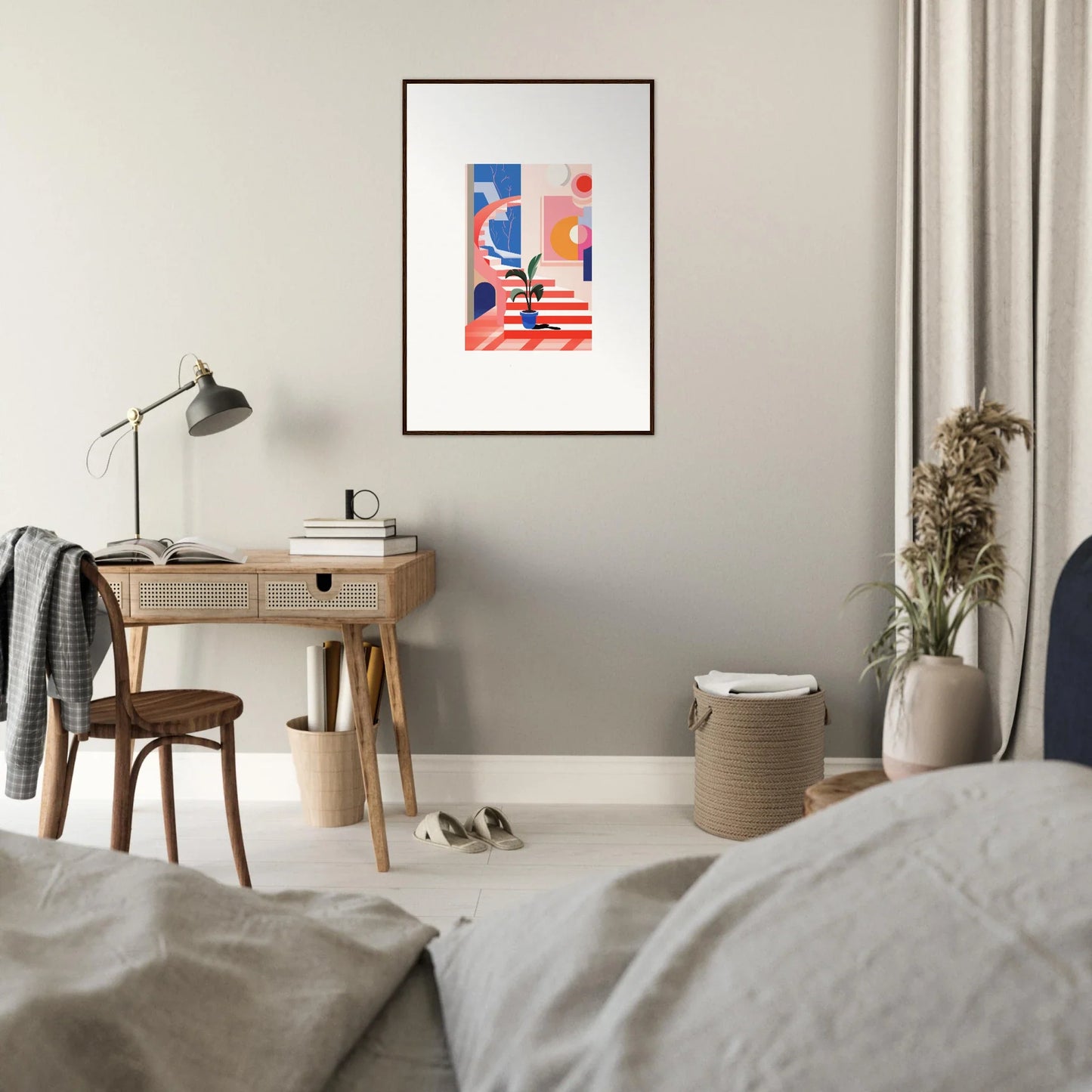 Framed abstract canvas print with colorful geometric shapes for quantum gardens room decoration