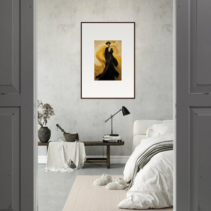 Framed canvas print of black silhouettes on golden background for stylish room decoration