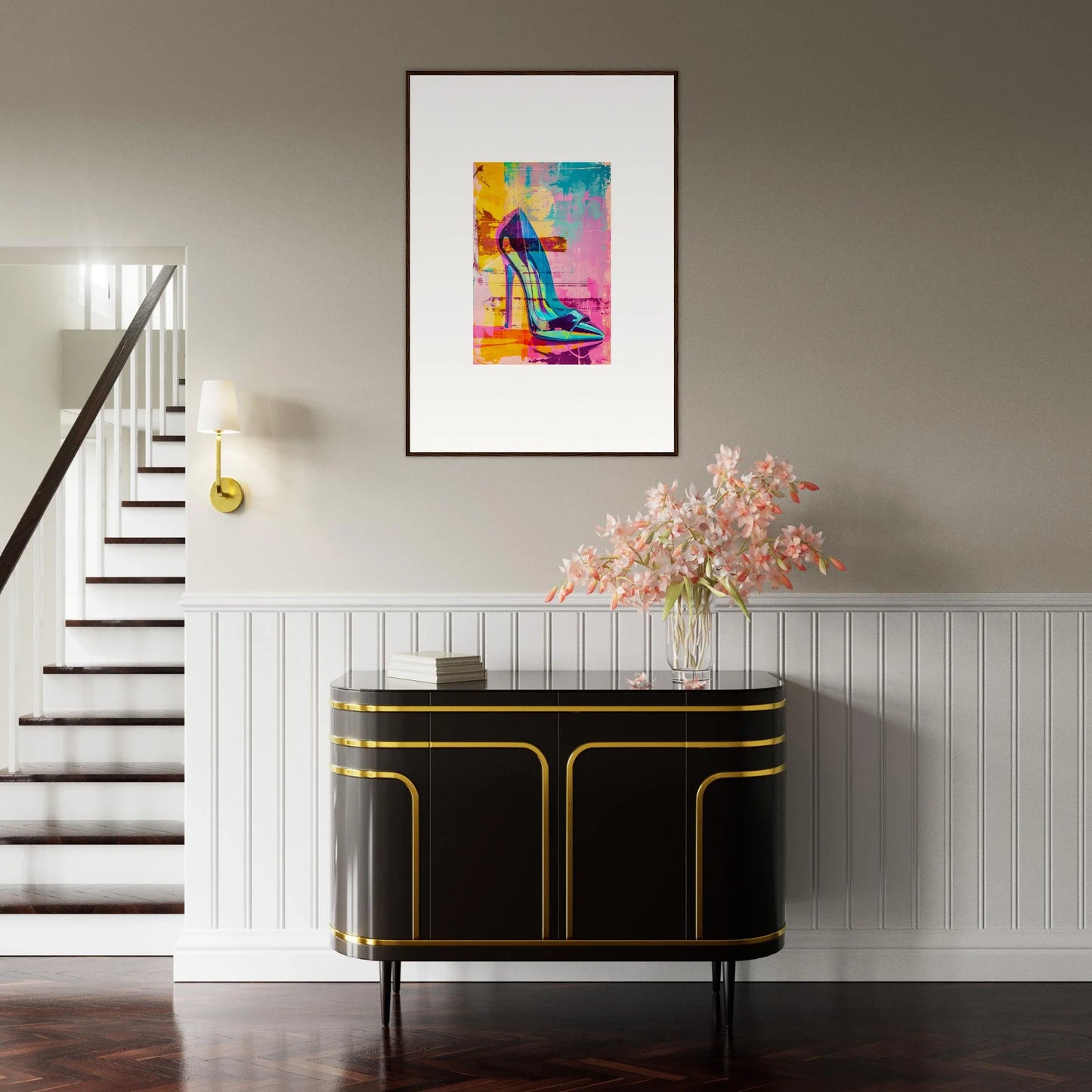 Colorful abstract painting of a high-heeled shoe, ideal for Noir Reverie room decor