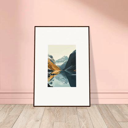 Framed landscape photo of glacier harmony mountains in a serene lake for room decoration