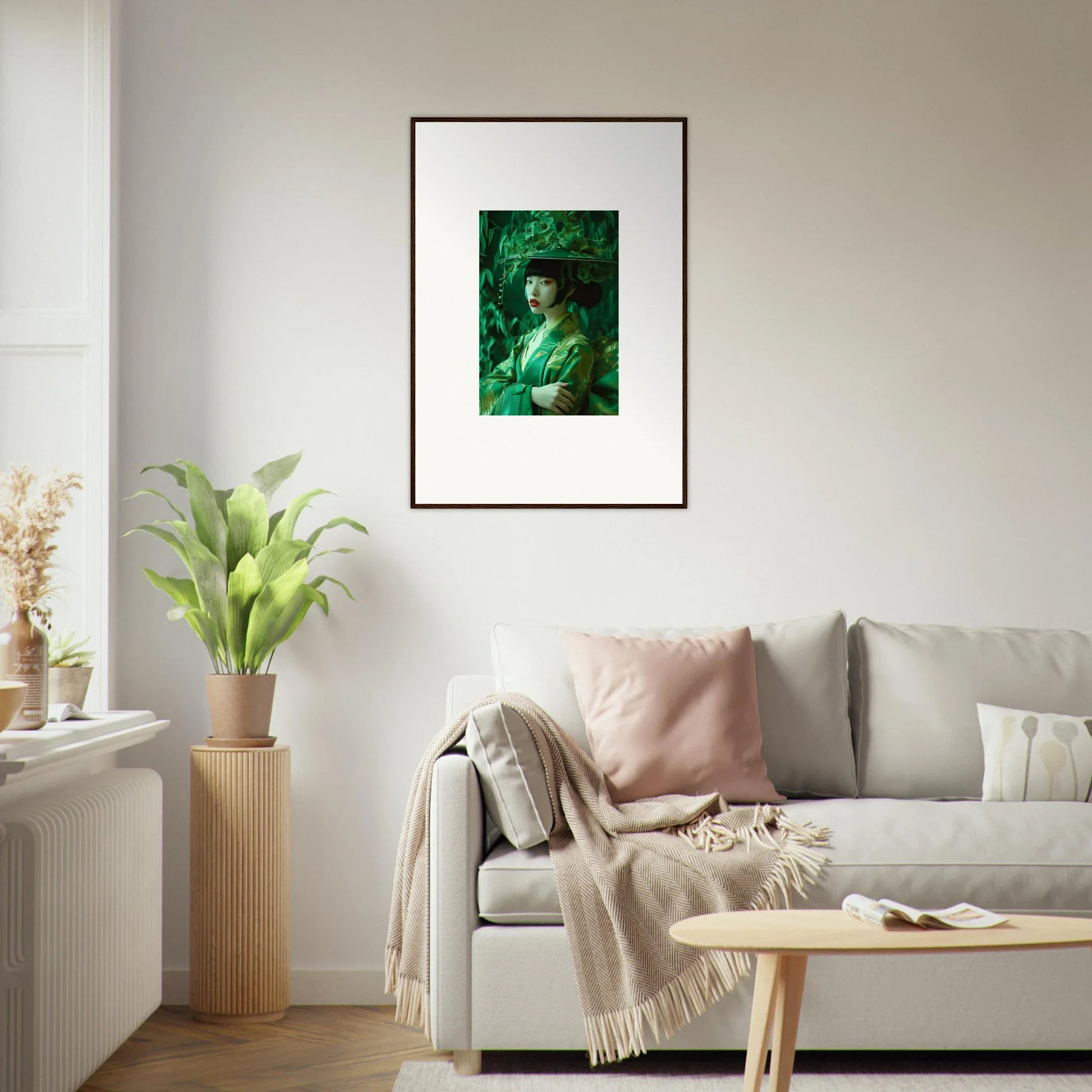 Framed portrait of Flora’s Whispering Spectacle in soothing green tones, perfect room decoration