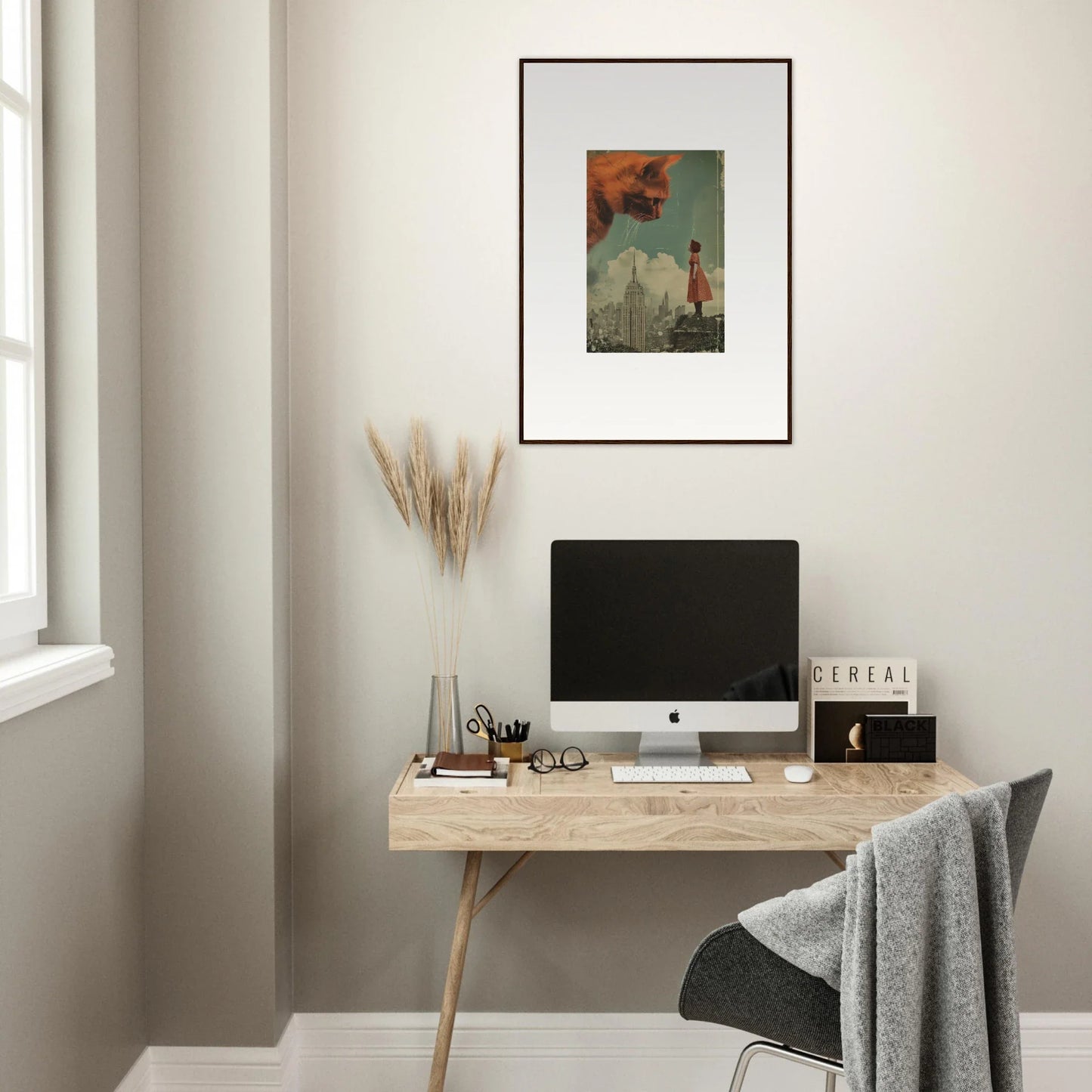 Minimalist wooden desk with computer and room decor inspired by Giants Gaze