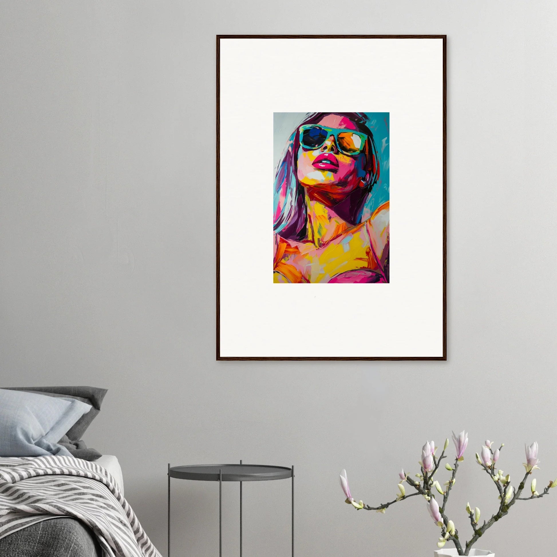 Vibrant canvas print of a person in sunglasses for a stylish room decoration, Neon Glance Whisper