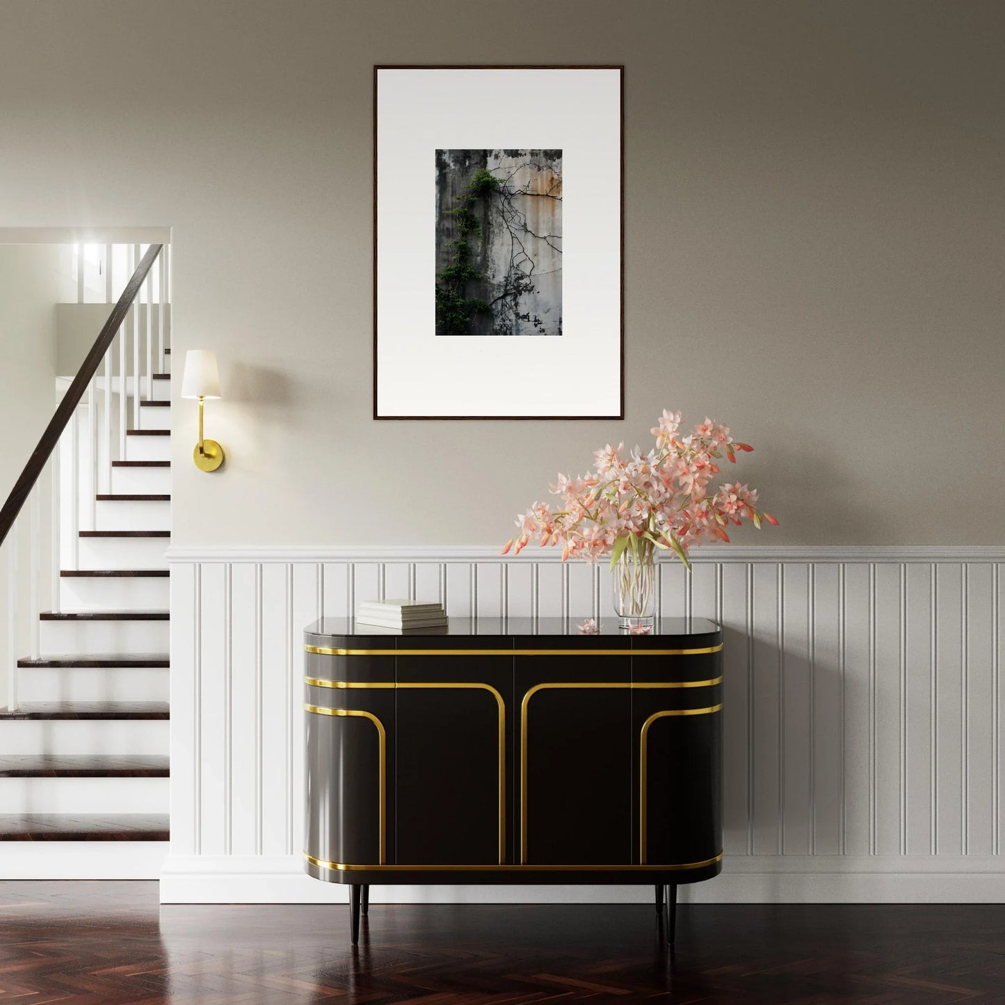 Elegant black and gold console table for chic urban tango room decoration