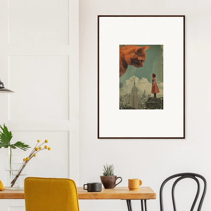 Framed wall art of a woman in a red dress facing a giant cat in urban Giants Gaze