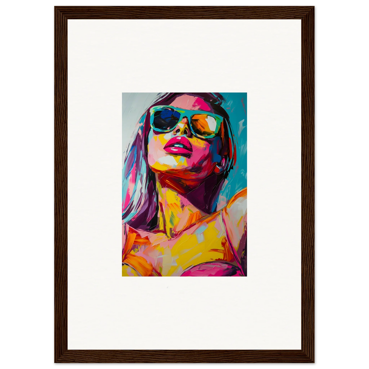 Colorful pop art portrait of a woman in sunglasses, perfect for room decoration