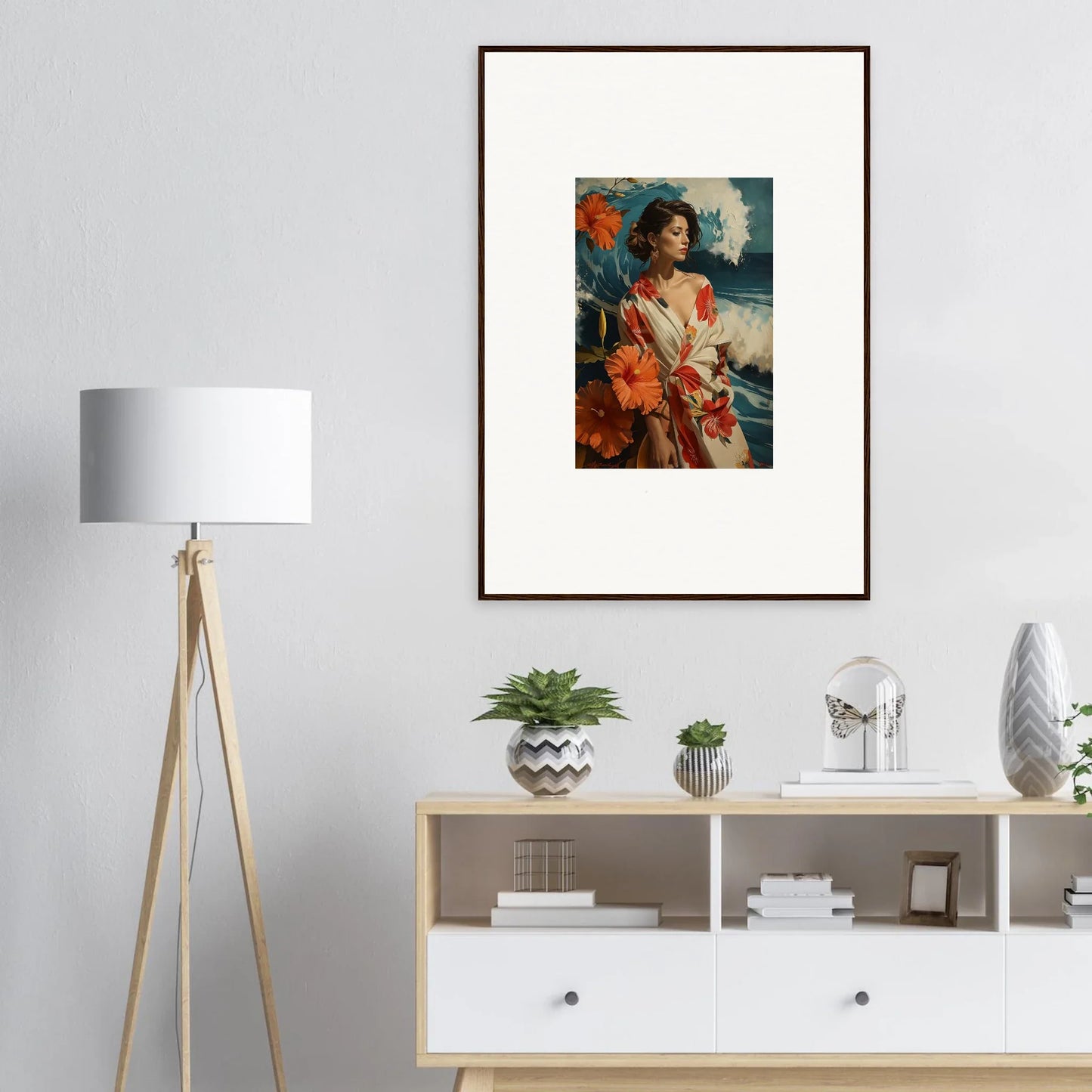 Framed canvas print of a woman for vibrant room decoration in Musing Cascade style