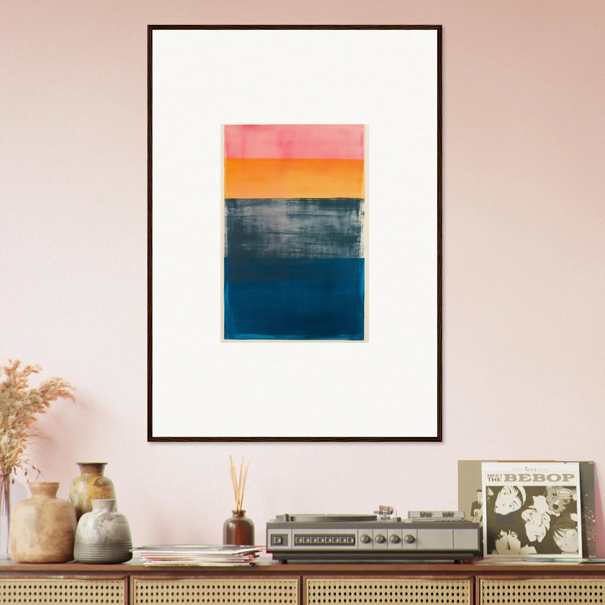 Framed abstract canvas print of Sunset Blue Frequencies in pink, orange, and blue bands