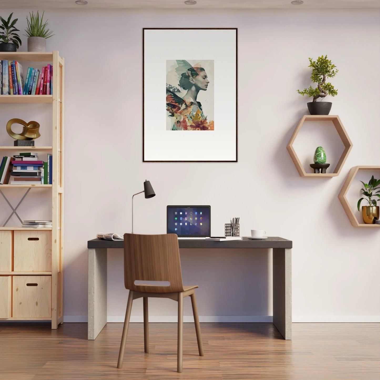 Home office workspace featuring a desk, chair, and Reverie Blossom canvas print decor