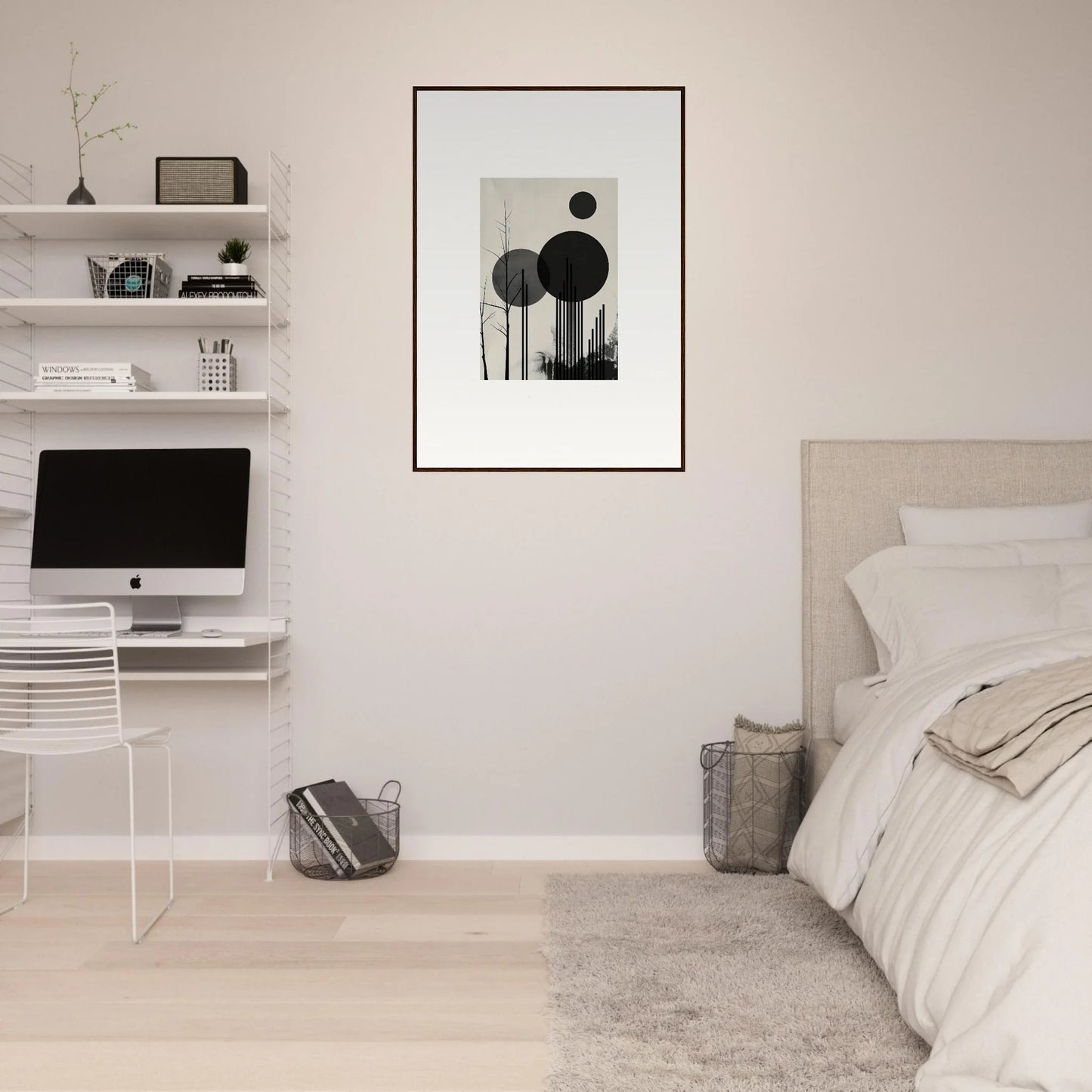 Minimalist bedroom with white walls and modern artwork for room decoration dropscape wandering