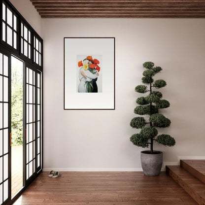 Framed canvas print of Floral Vortex Embrace with flowers hiding a figure’s face