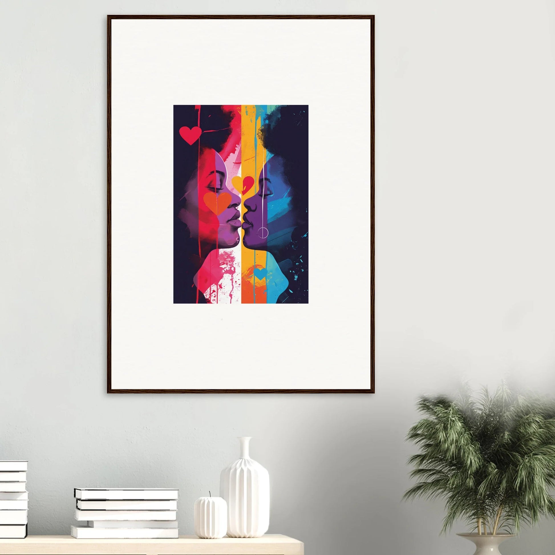 Framed canvas print of Luminous Heartwave Reflection featuring two colorful faces