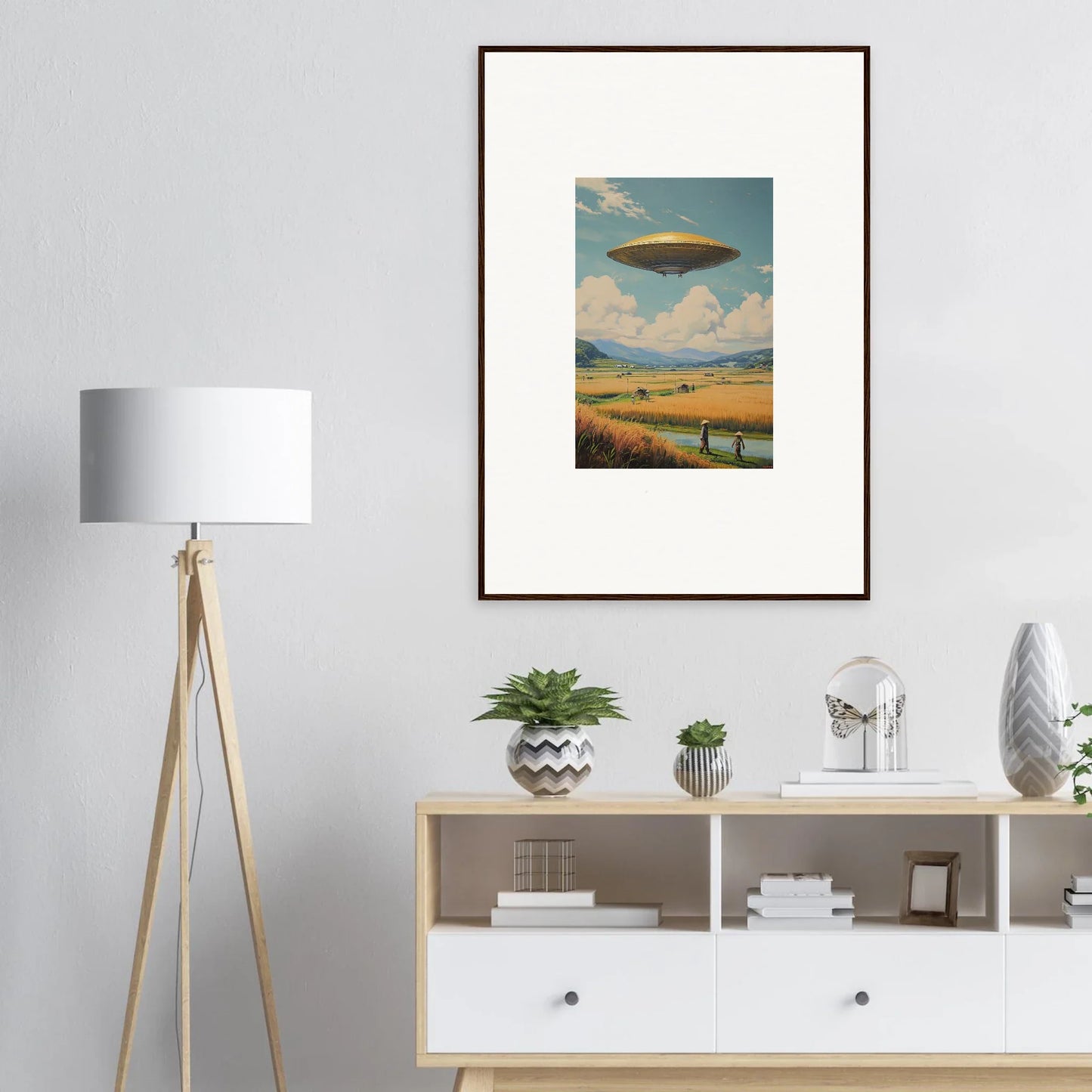 Framed canvas print of a UFO hover query over a serene rural landscape for room decoration