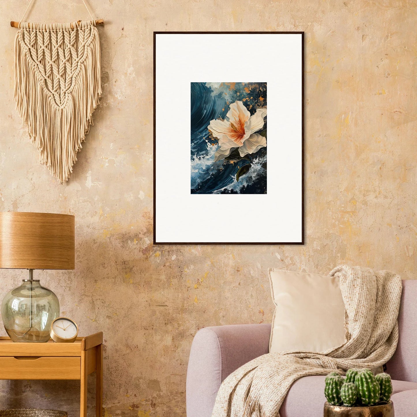 Framed canvas print of a white flower with petal waves for stylish room decoration