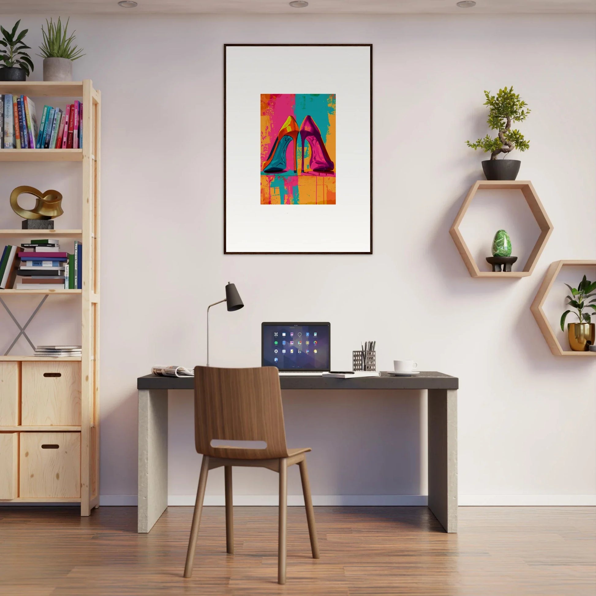 Stylish modern home office with desk, chair, and wall art for perfect room decoration