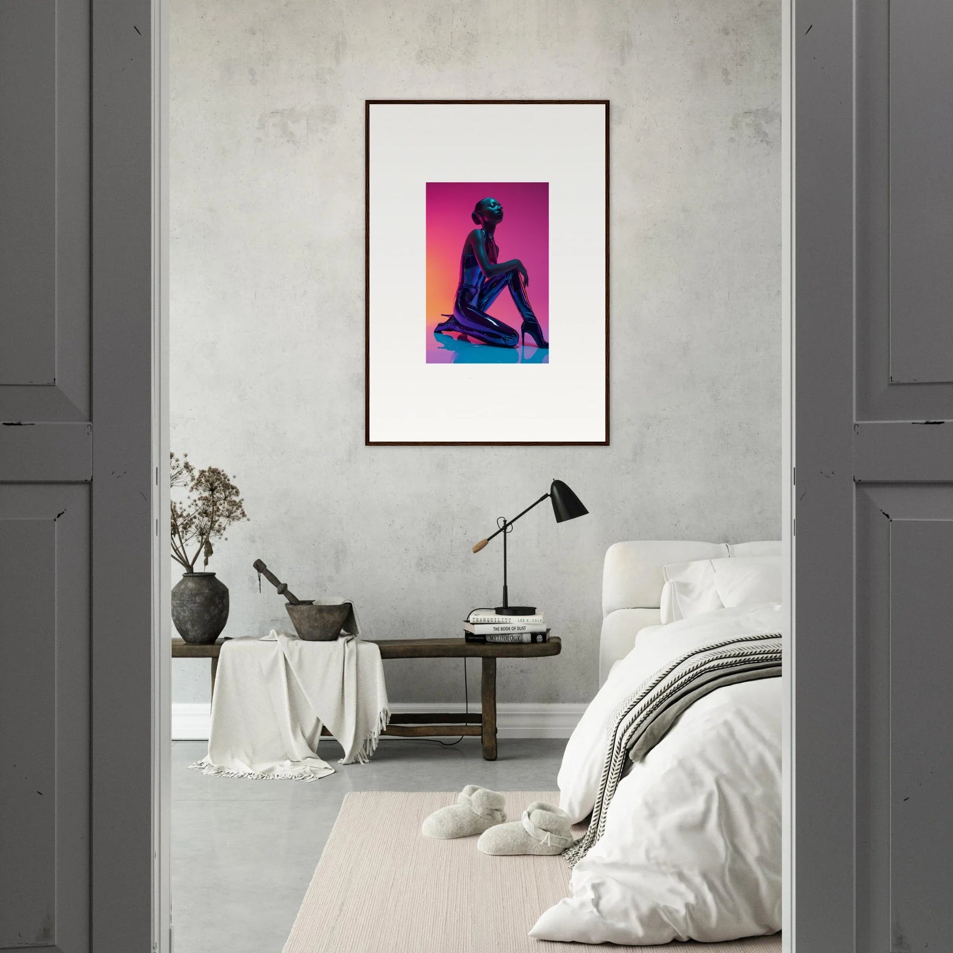 Framed Neon Vortex artwork with a silhouetted figure for cool room decoration