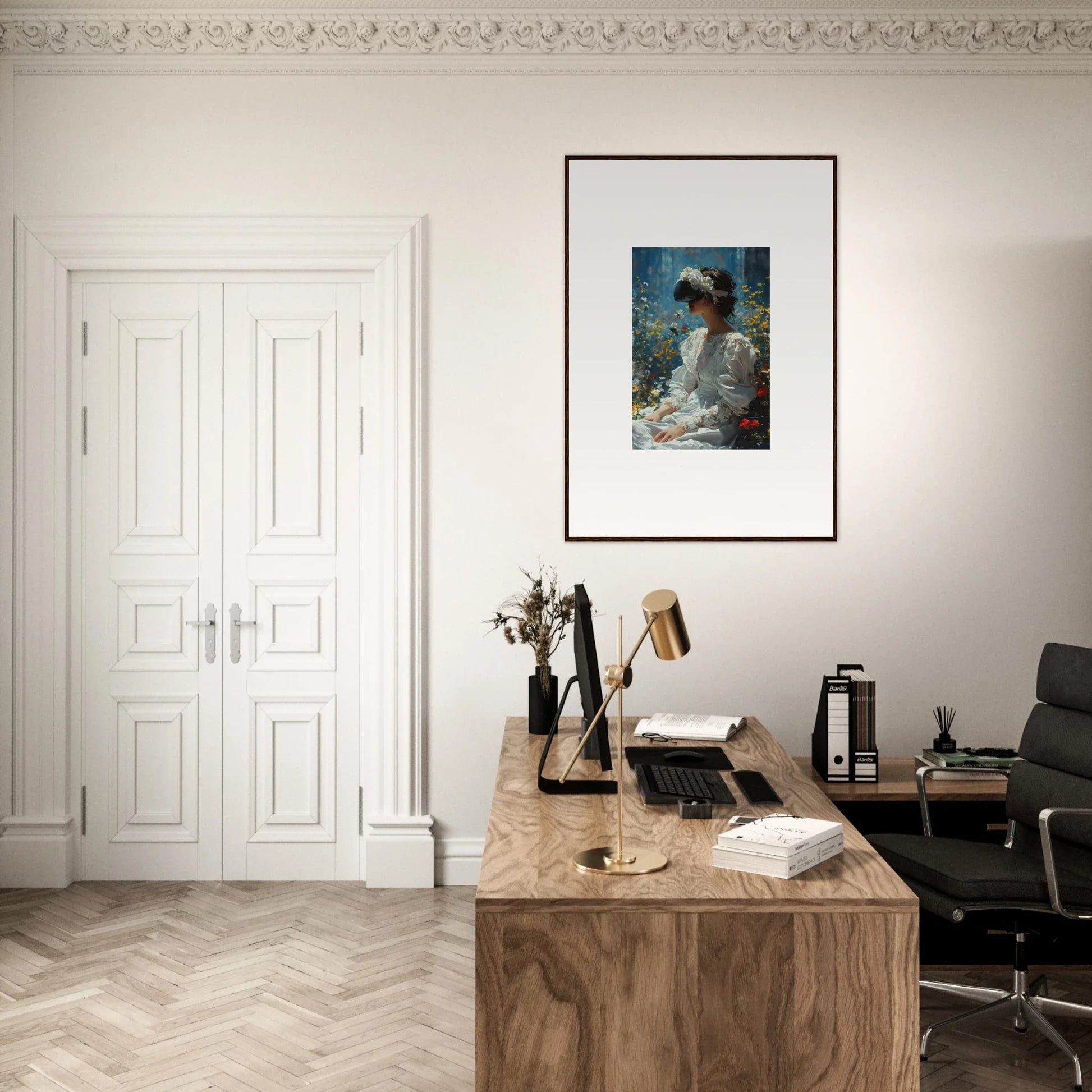 Wooden desk with typewriter and books in a minimalist Bloom Reverie workspace