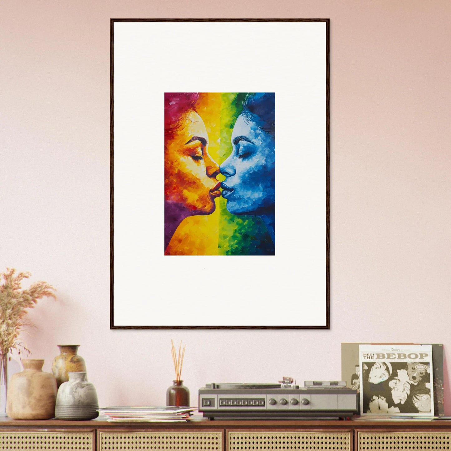 Colorful faces in a serene kiss, perfect for room decoration or canvas print