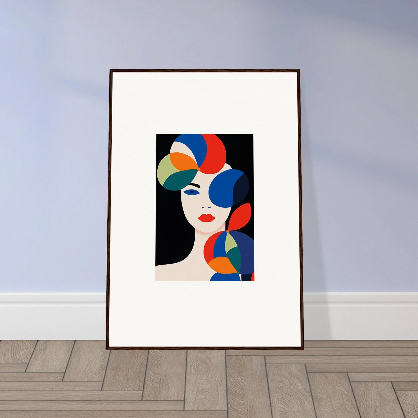 Framed canvas print of colorful geometric face for unique room decoration with petal echoes