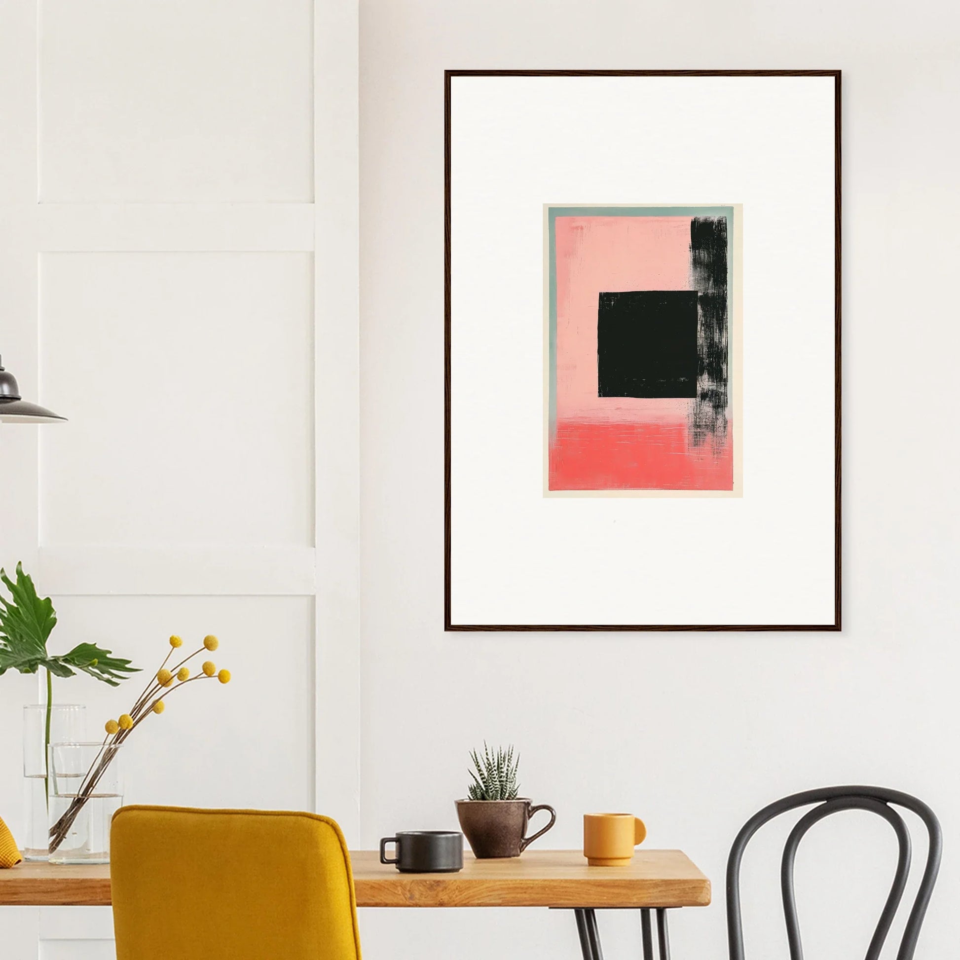 Abstract canvas print of Elysian Frenzy with black and pink shapes in a brown frame