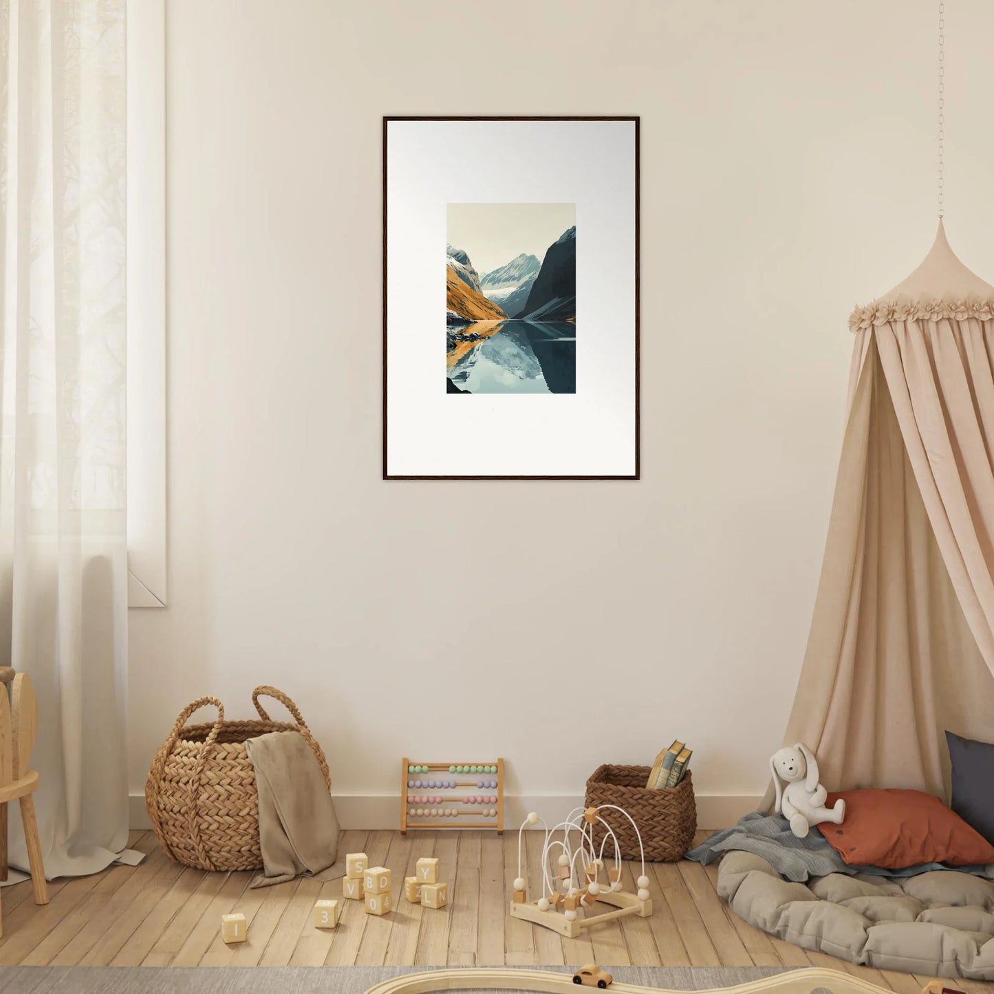 Framed abstract canvas print of Glacier Harmony with mountains and water reflections