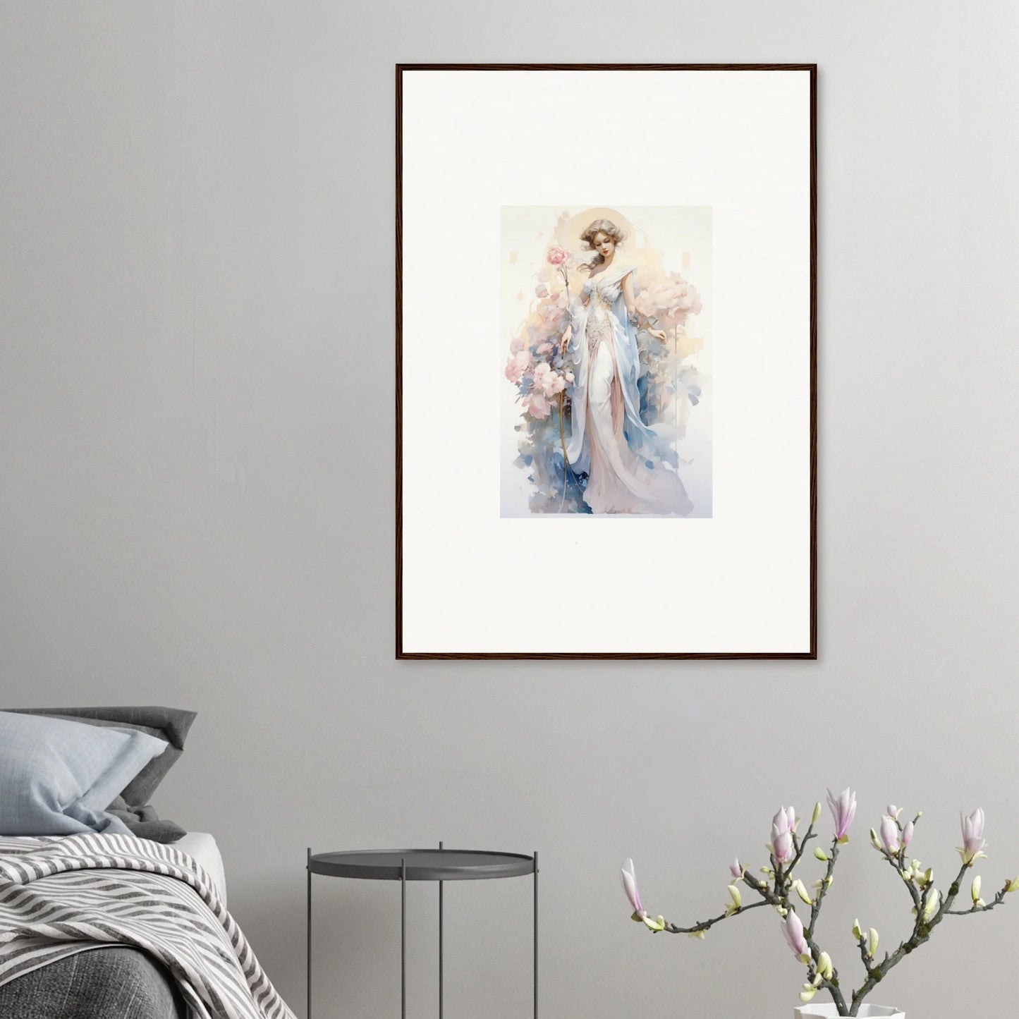 Framed watercolor painting of an ethereal figure in blue robes, perfect for room decoration