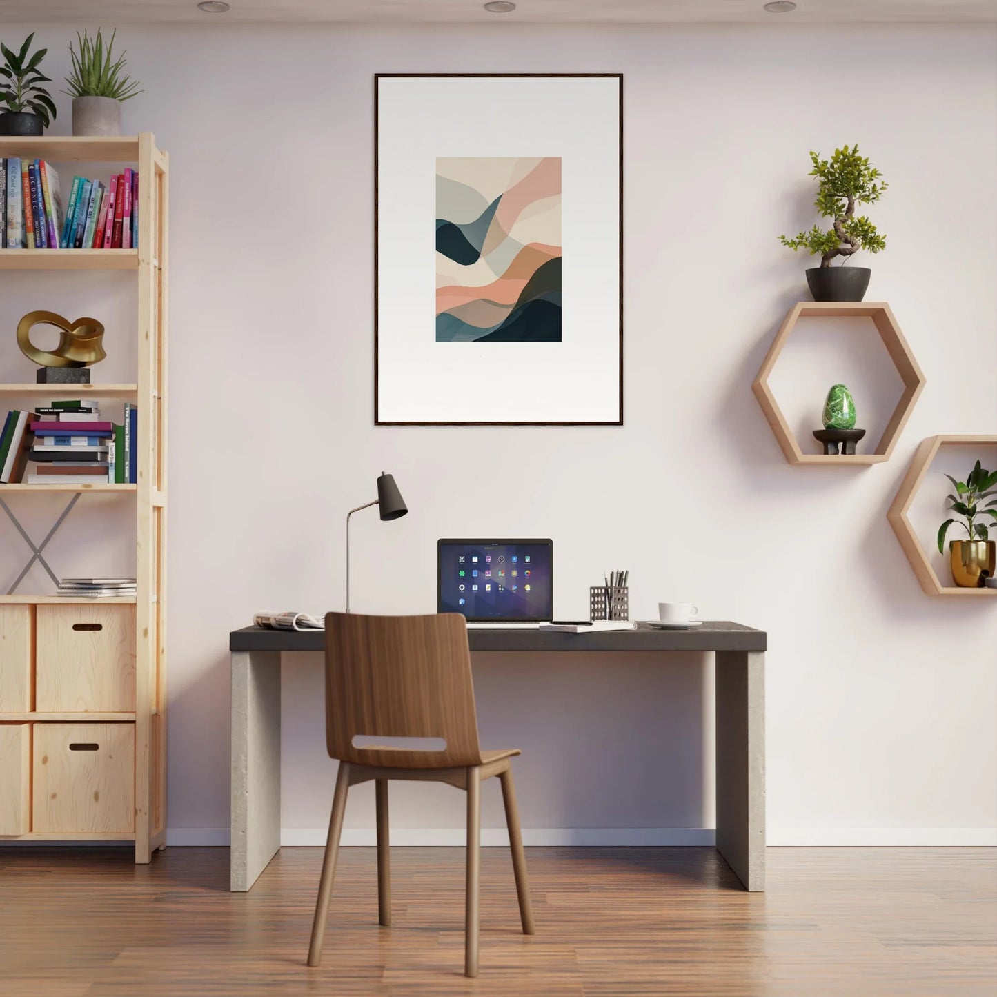 Minimalist home office with wall art for perfect room decoration vibes