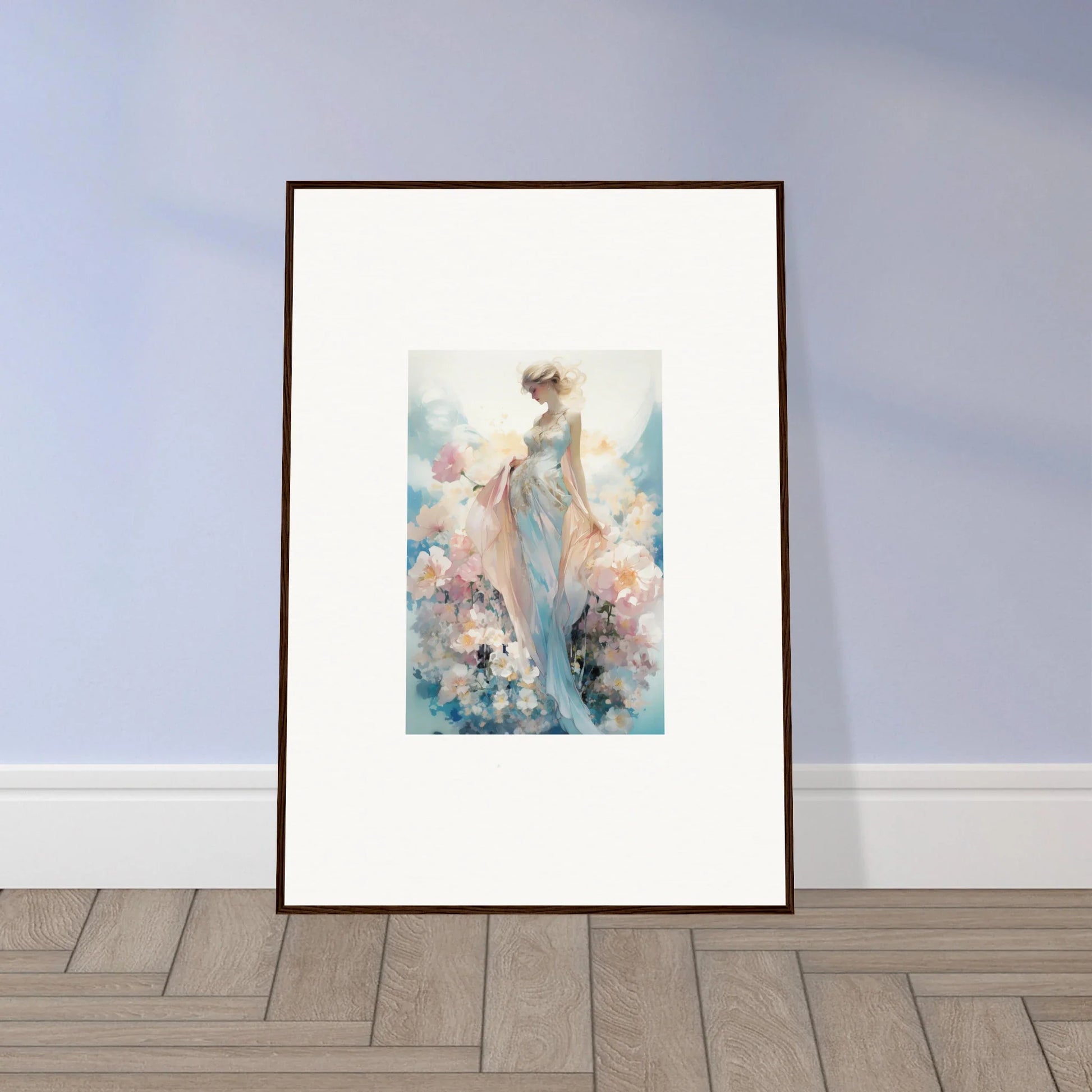 Framed watercolor painting of dreaming effulgence female figure with pastel flowers for room decoration