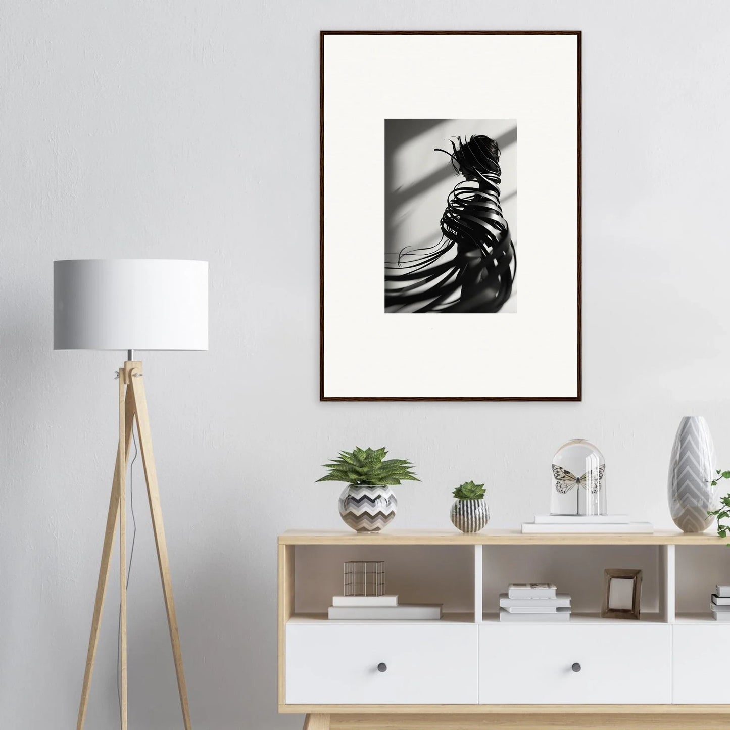 Framed black and white silhouette canvas print with dramatic hair movement for room decoration