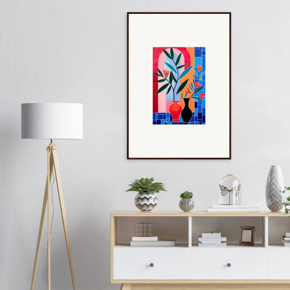 Framed wall art featuring colorful geometric shapes and ceramic blooms for stylish room decor