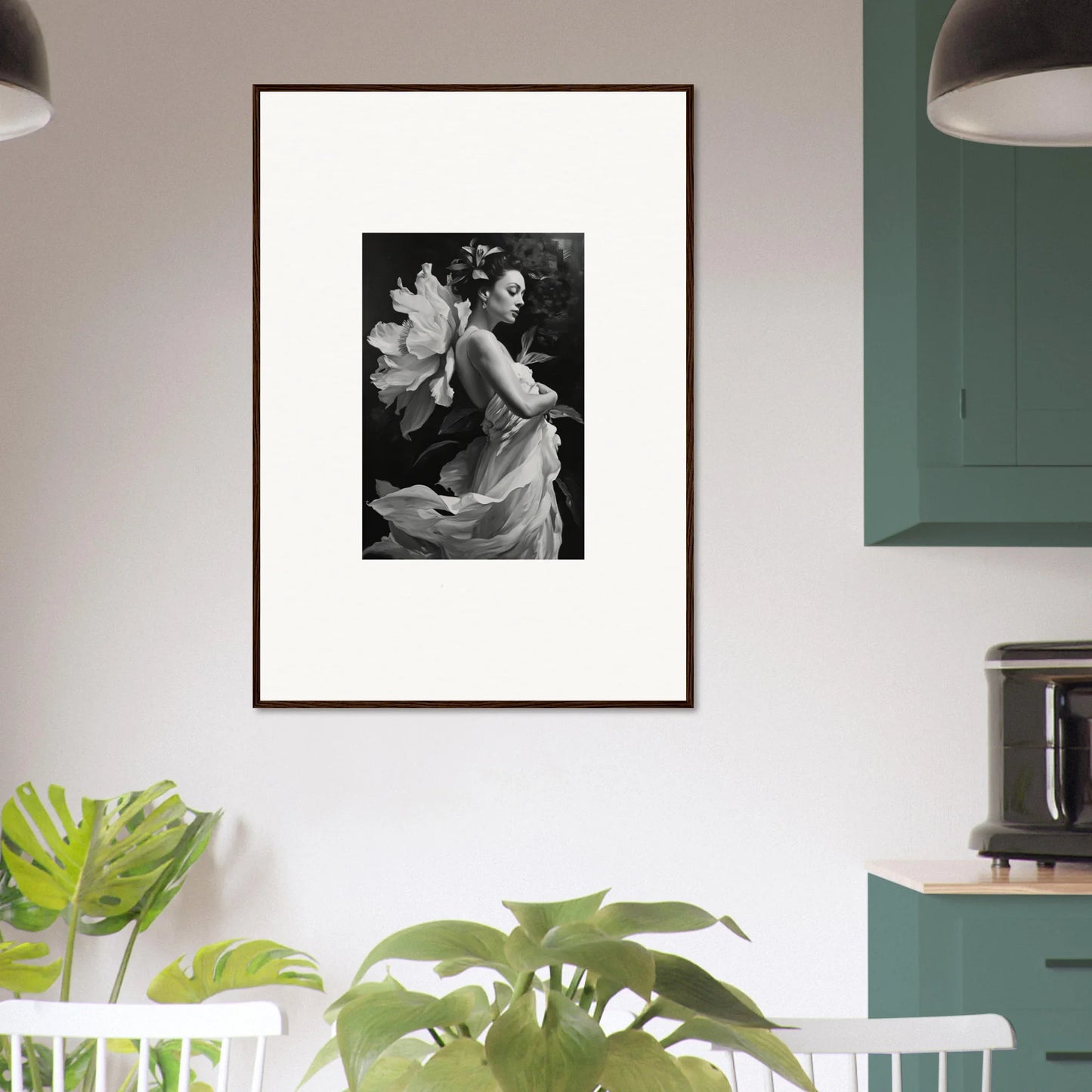 Framed black and white photograph of a woman for your Morning Duet Chrysalis room decoration