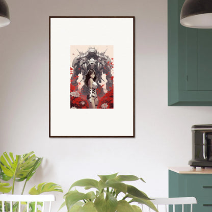 Framed poppy lucidity canvas print of a robotic figure on a bold red background