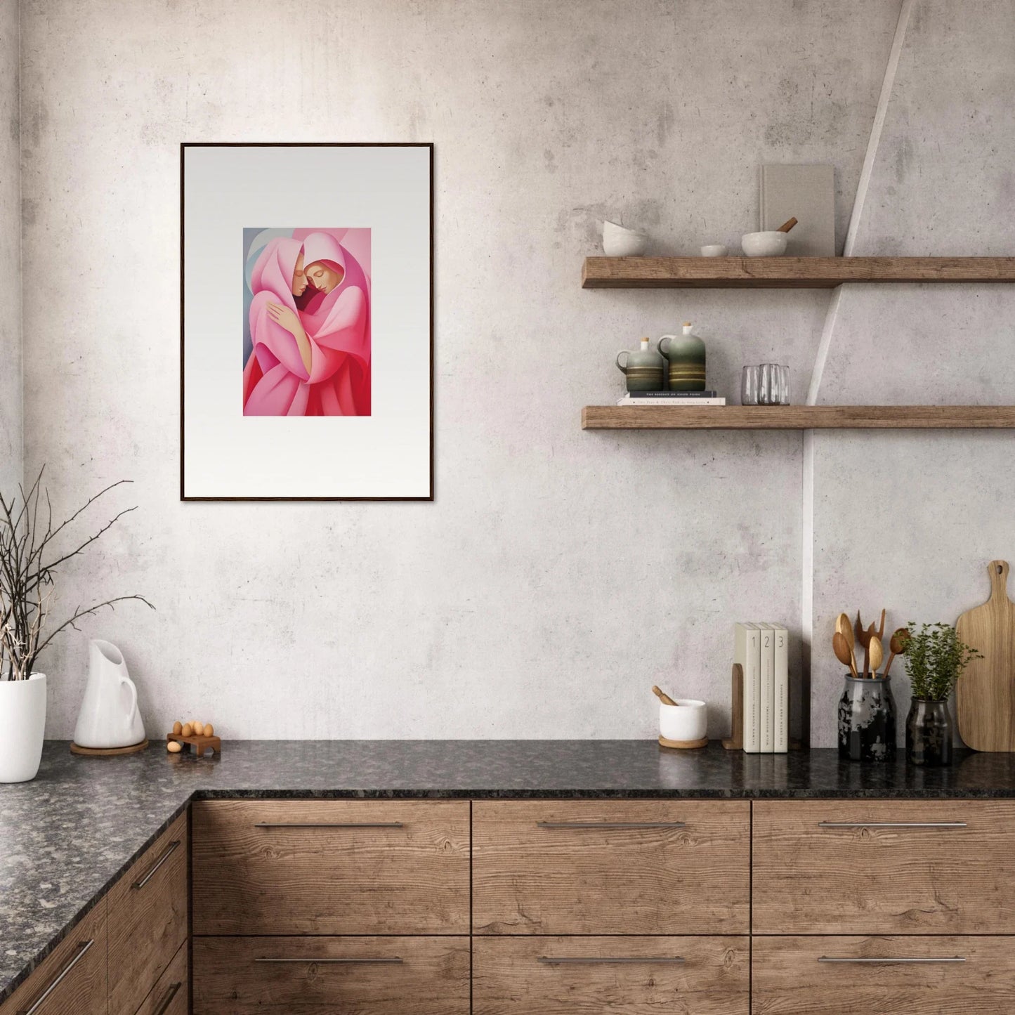 Framed pink flower artwork on a white wall, perfect for room decoration or canvas print