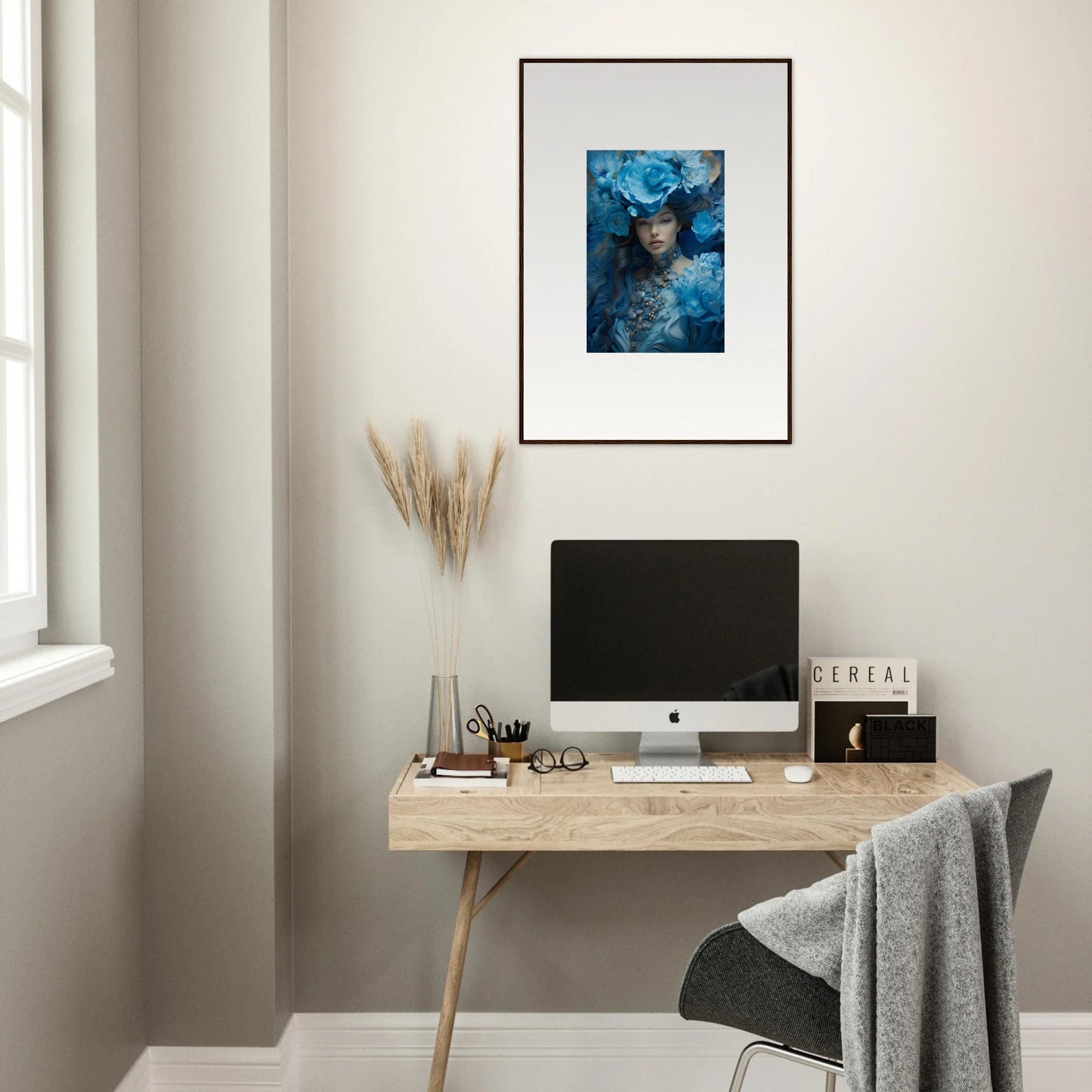 Minimalist home office with wooden desk and Blue Symphony canvas print for room decoration