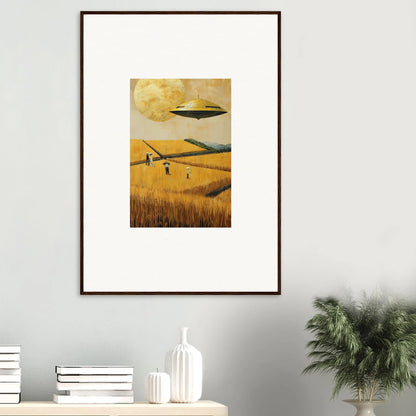 Framed canvas print of a UFO over a melancholy field for unique room decoration