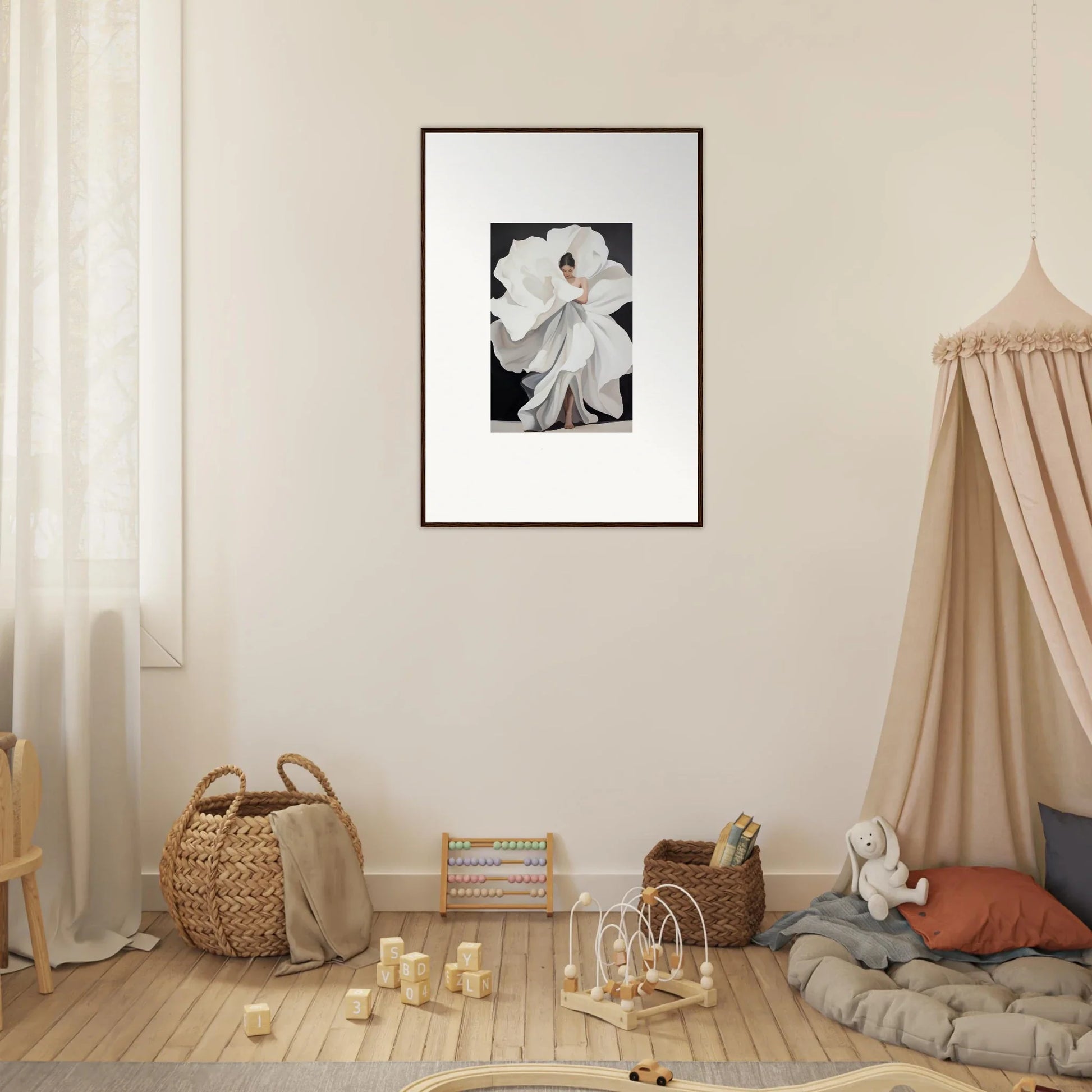 Framed black and white magnolia photo for stylish room decoration and petal whispers vibe