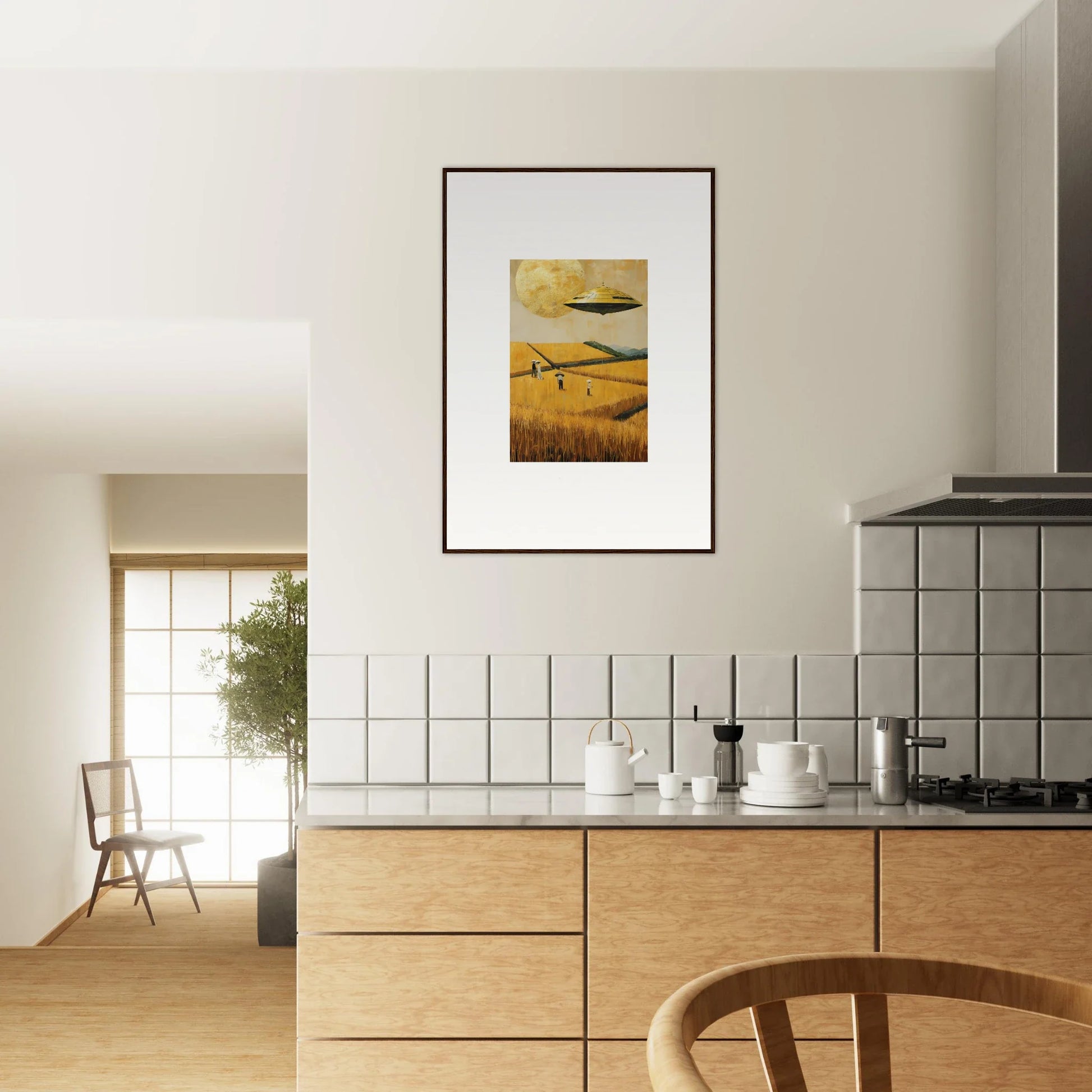 Modern kitchen with wooden cabinets and melancholy field canvas print for unique room decoration