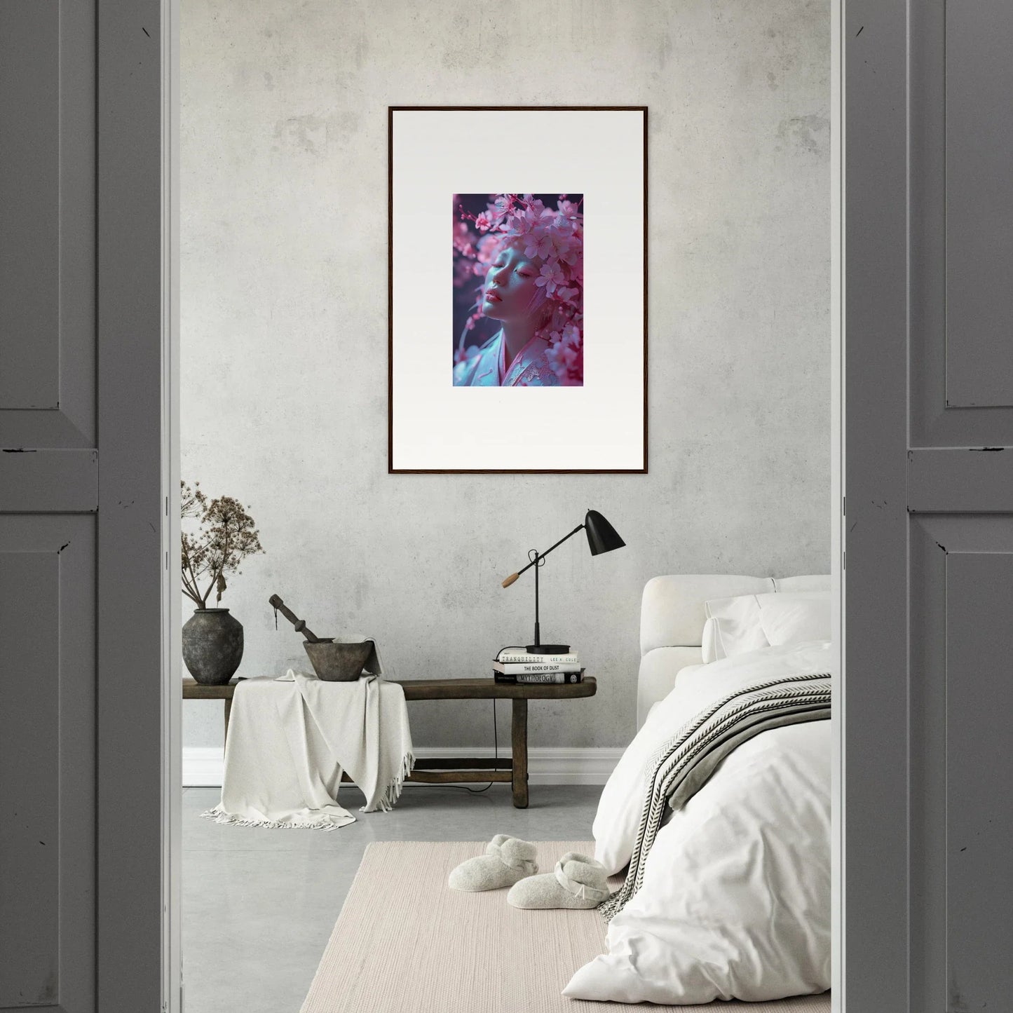 Framed canvas print of Sakura Dreams with purple and red tones for stylish room decoration