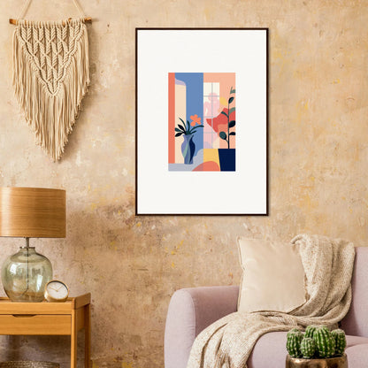 Framed canvas print of Echoic Flower Emblaze with pastel geometric shapes and plants