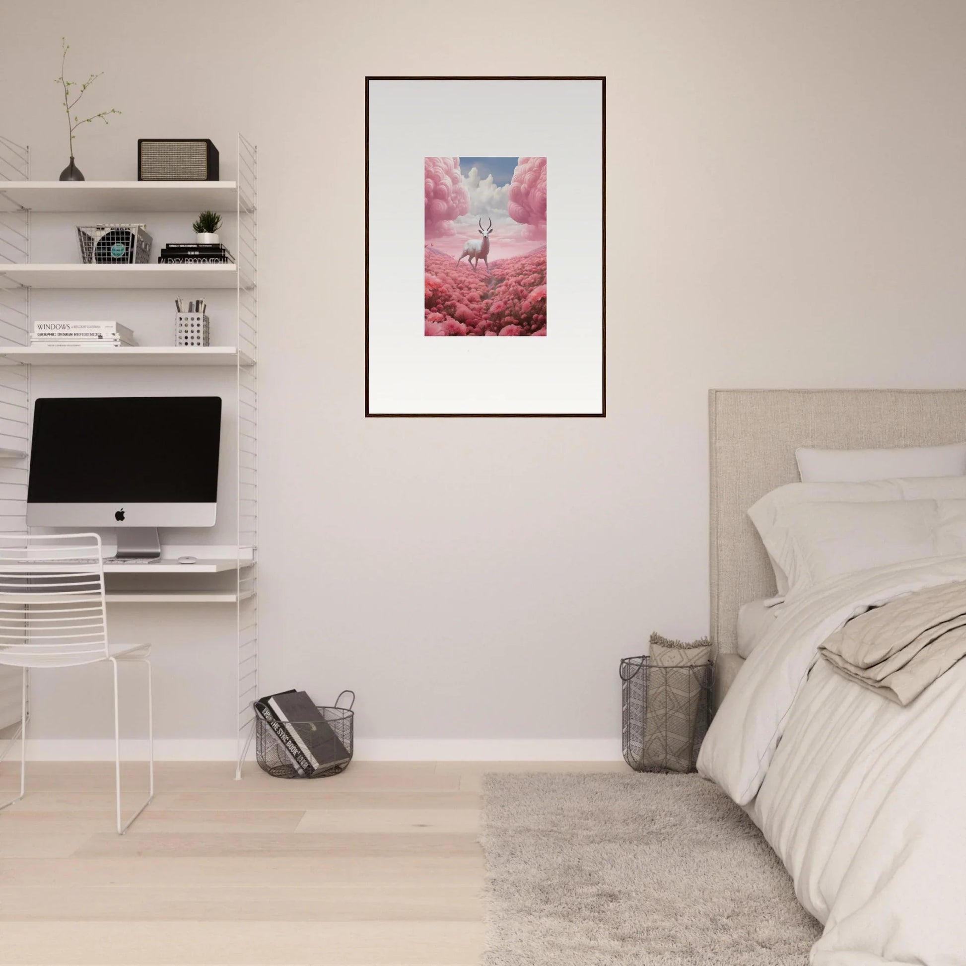 Framed canvas print of a figure above pink clouds, perfect for Berry Collision room decoration