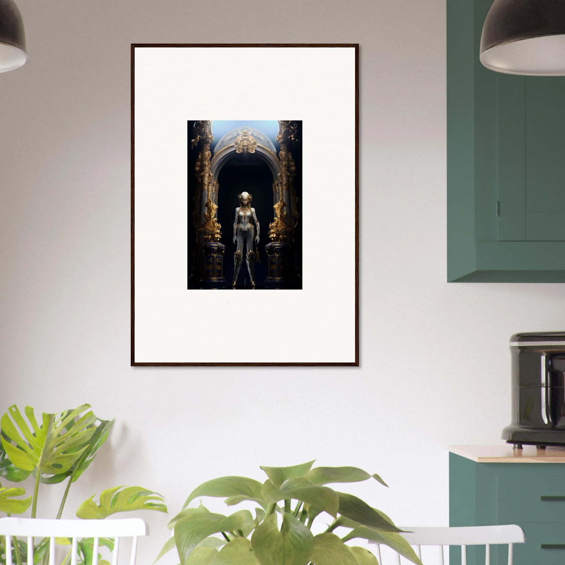 Framed canvas print of a figure in an ornate archway for stylish room decoration