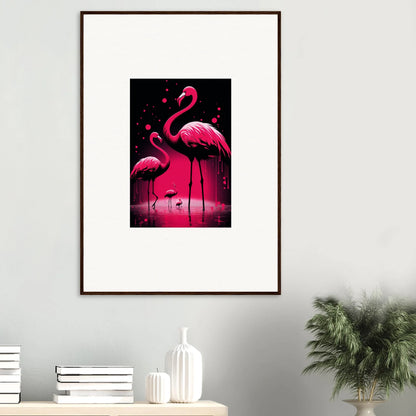 Framed canvas print of pink flamingos, perfect for room decoration with feather wanderers vibe