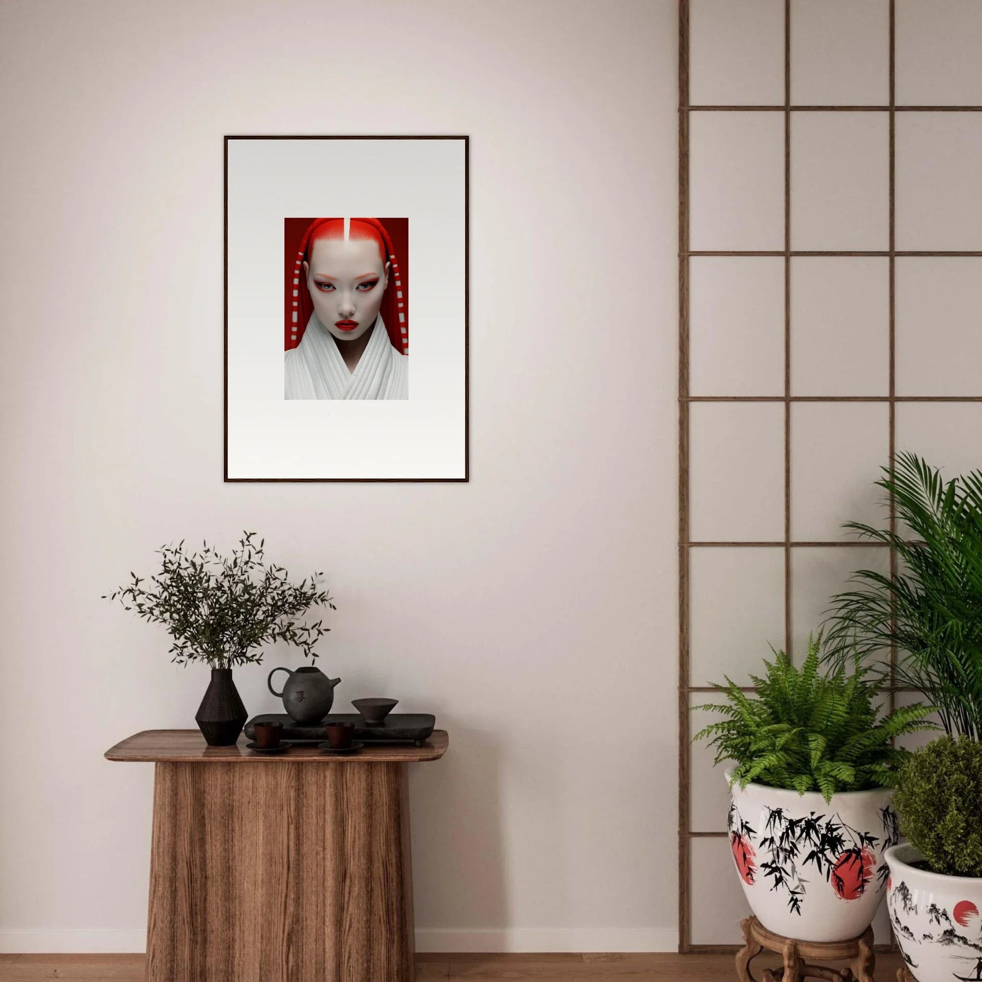 Framed portrait with white face makeup and red accents on a red background for Pome Artcard Whisper