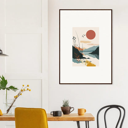 Framed minimalist landscape canvas print of a sunrise unfurled with mountains and water