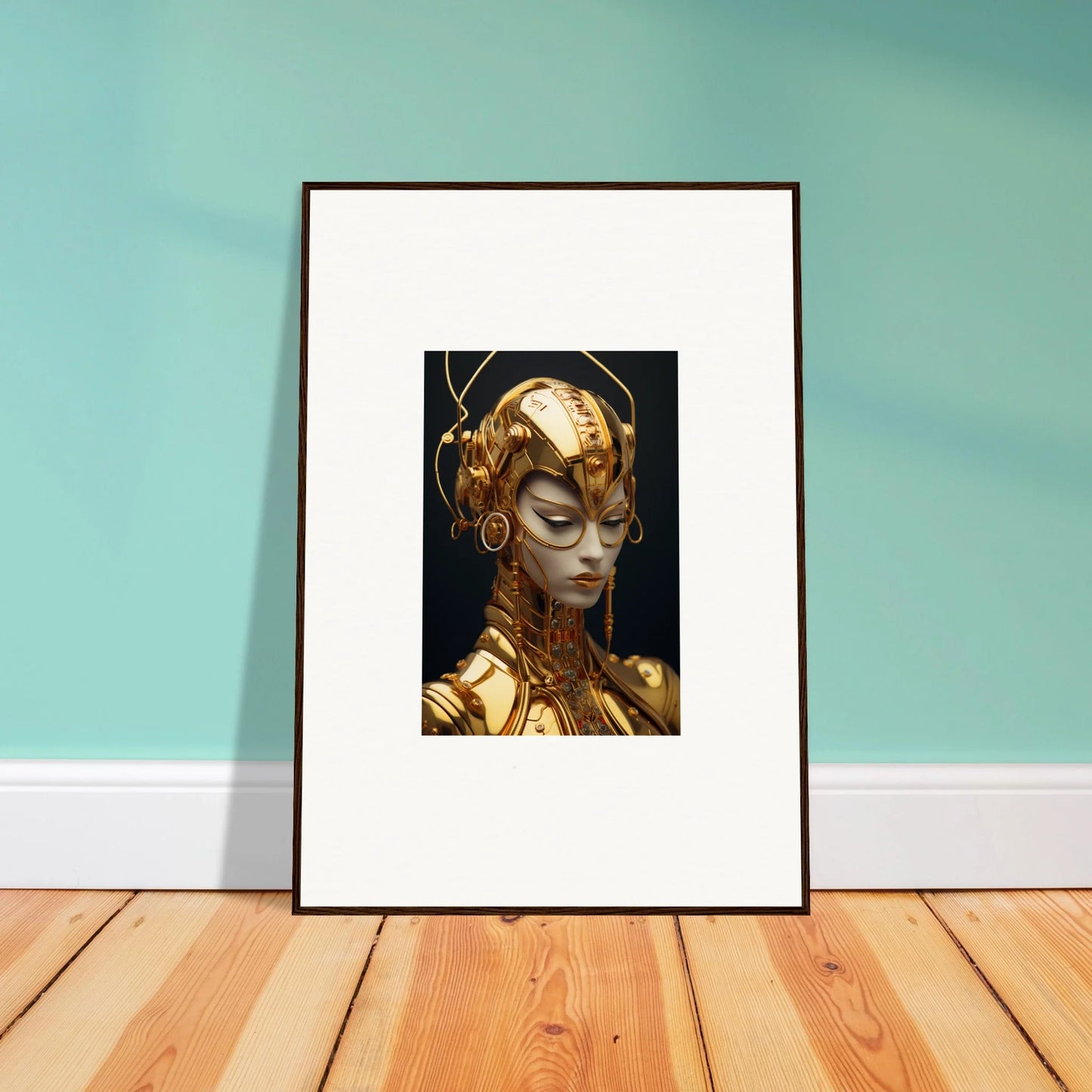 Framed canvas print of a golden humanoid from Moulin Mystique for vibrant room decoration