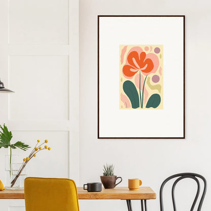 Framed abstract floral canvas print with orange flower and green leaves for room decoration