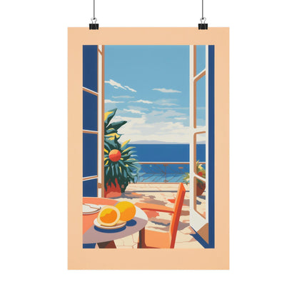 Poster depicting an open window view of a seaside scene with a table in the foreground.