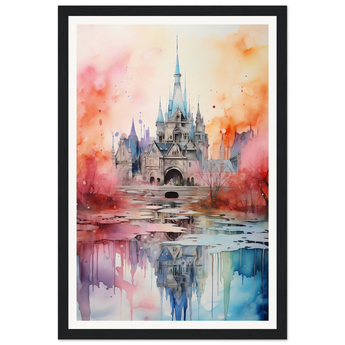 A watercolor painting of a castle in the middle of a lake