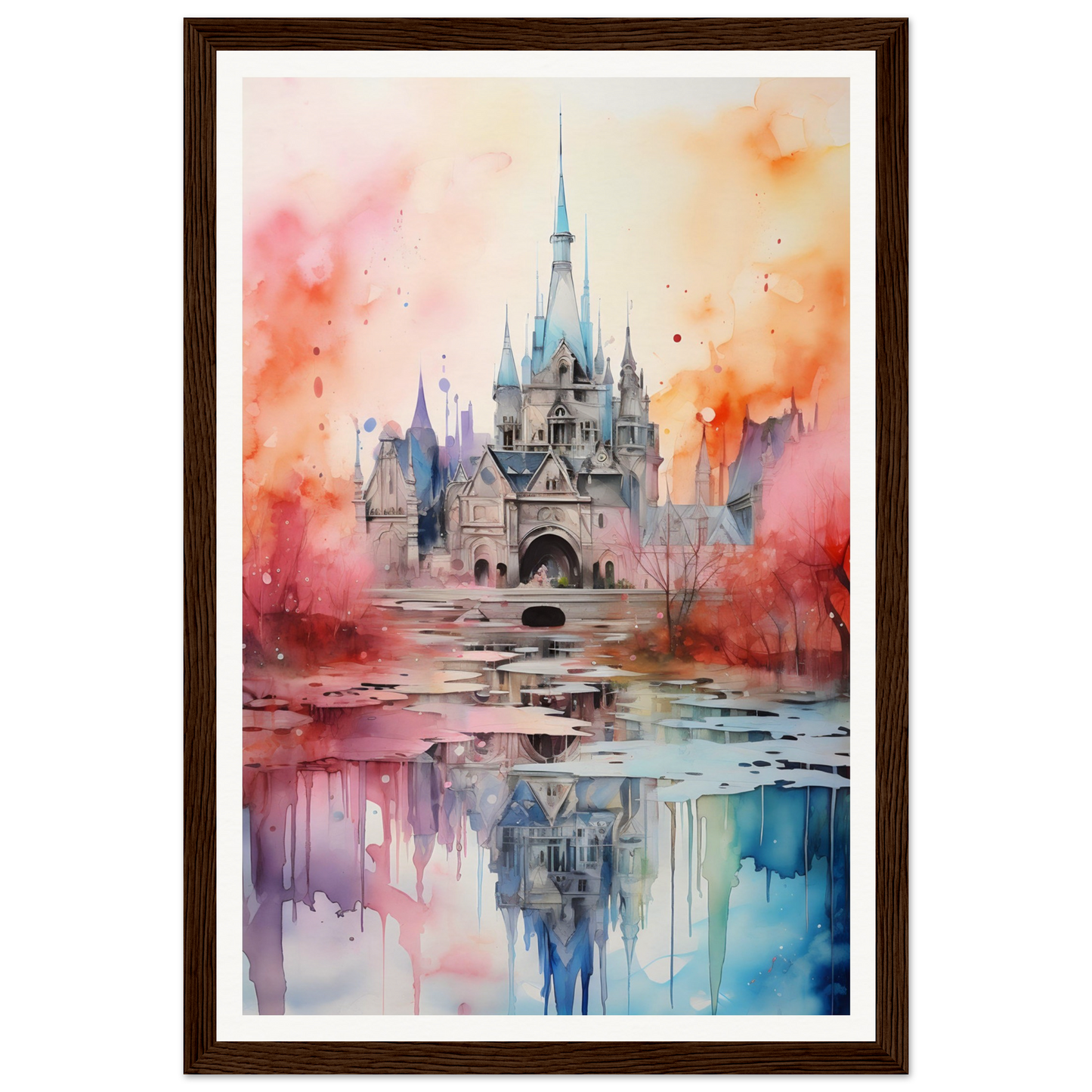 A watercolor painting of a castle in the middle of a lake